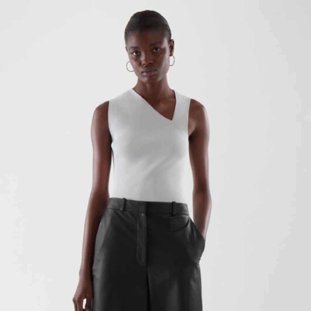 COS White Ribbed Asymmetric V-Neck Sleeveless Top